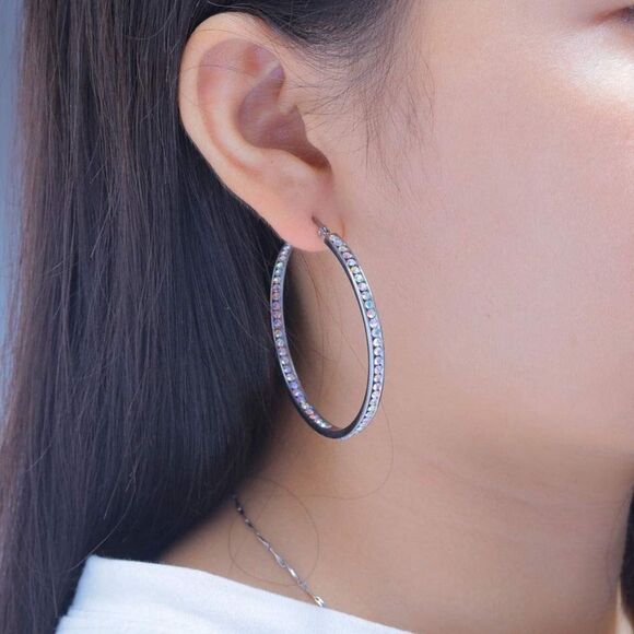 14K White Gold with Iridescent AB Cubic Zirconia Big Hoop Latch Back Earrings - Picture 5 of 6